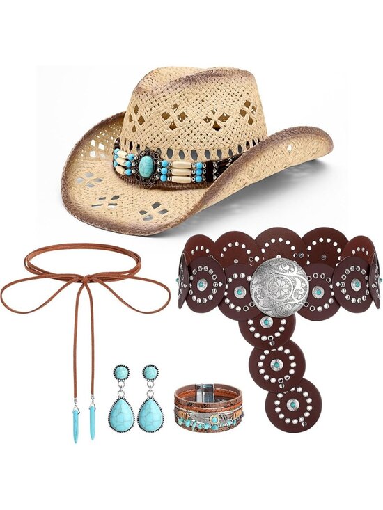 Boho Western Hat & Jewelry Set: Cowboy Hat, Belt, Choker, Bracelet, Earrings